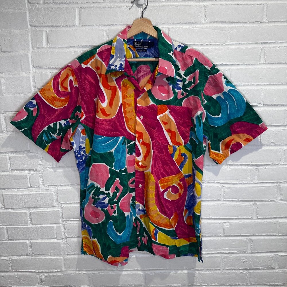 Vintage Polo Ralph Lauren Paint Stroke Camp Collar Button Down Shirt Men's Large